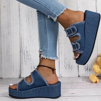 Bahamy™ Denim Buckle Wedges Sandals