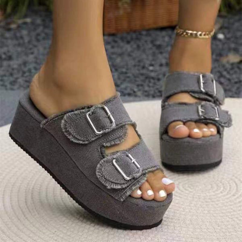 Bahamy™ Denim Buckle Wedges Sandals