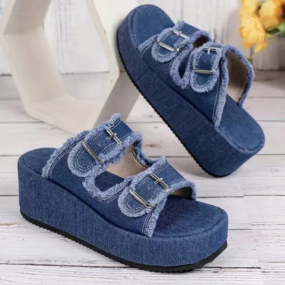 Bahamy™ Denim Buckle Wedges Sandals