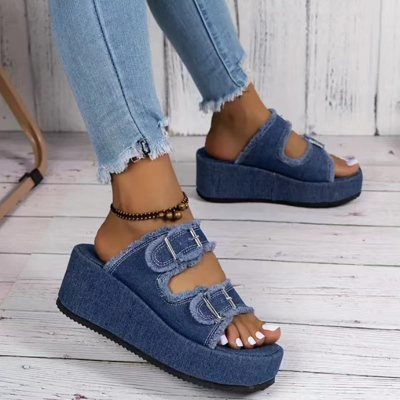 Bahamy™ Denim Buckle Wedges Sandals