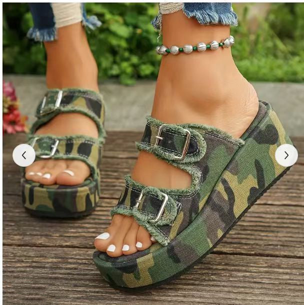 Bahamy™ Denim Buckle Wedges Sandals