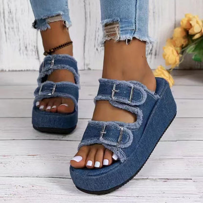 Bahamy™ Denim Buckle Wedges Sandals